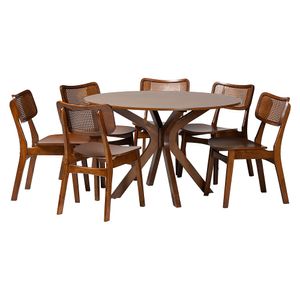 Baxton Studio Linnet Mid-Century Modern Wood and Rattan 7-Piece Dining Set