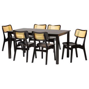 Baxton Studio Estera Mid-Century Modern Wood and Woven Rattan 7-Piece Dining Set