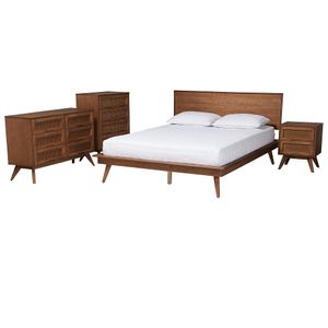 Baxton Studio Melora Mid-Century Modern Finished Wood/Rattan 4-Piece Bedroom Set