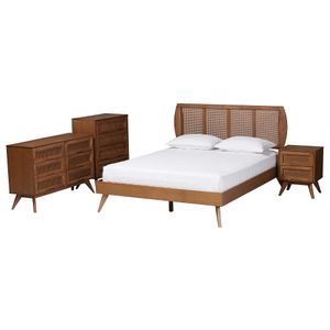 Baxton Studio Asami Mid-Century Modern Finished Wood/Woven Rattan 4-Piece Bedroom Set