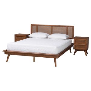 Baxton Studio Nura Mid-Century Modern Finished Wood/Rattan 3-Piece Bedroom Set