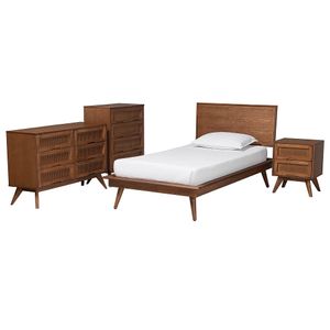 Baxton Studio Melora Mid-Century Modern Finished Wood/Rattan 4-Piece Bedroom Set