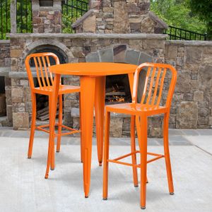 Flash Furniture Commercial-Grade Round Metal Indoor-Outdoor Bar Table Set With 2 Vertical Slat-Back Stools