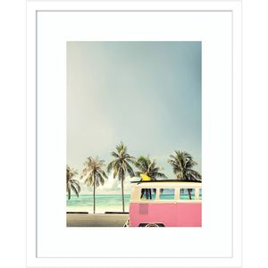 Amanti Art Surf Bus Pink (Beach) by Design Fabrikken Wood Framed Wall Art Print