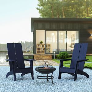 Flash Furniture Sawyer Modern All-Weather 2-Slat Poly Resin Adirondack Chairs With 22" Round Fire Pit
