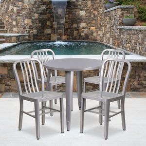 Flash Furniture Commercial Grade Round Metal Indoor-Outdoor Table And Slat Back Chair Set