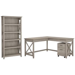 Bush Business Furniture Key West 60"W L-Shaped Corner Desk With Mobile File Cabinet And 5 Shelf Bookcase