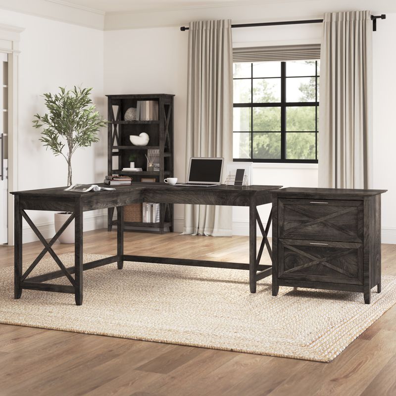 Bush Business Furniture Key West 60W LShaped Corner Desk With 2Drawer Lateral File Cabinet Dark Gray Hickory Standard Delivery