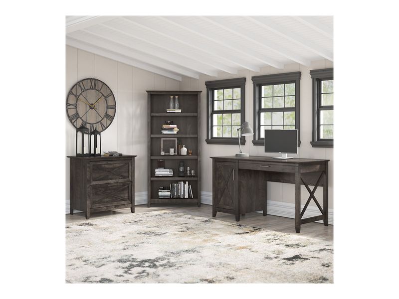 Bush Furniture Key West 54W Computer Desk With 2Drawer Lateral File Cabinet And 5Shelf Bookcase Dark Gray Hickory Standard Delivery