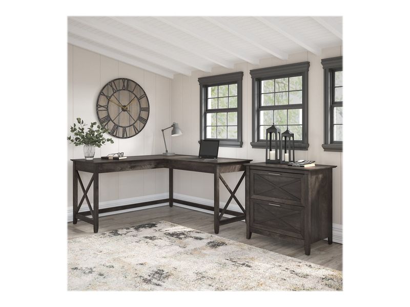 Bush Business Furniture Key West 60W LShaped Corner Desk With 2Drawer Lateral File Cabinet Dark Gray Hickory Standard Delivery