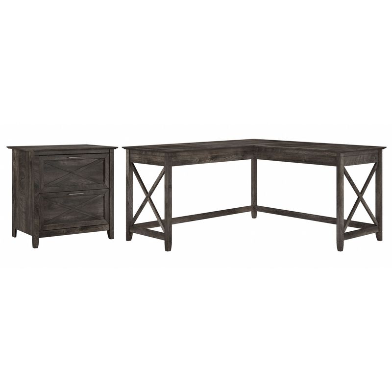 Bush Business Furniture Key West 60W LShaped Corner Desk With 2Drawer Lateral File Cabinet Dark Gray Hickory Standard Delivery