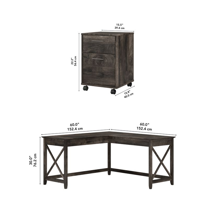 Bush Business Furniture Key West 60W LShaped Corner Desk With 2Drawer Lateral File Cabinet Dark Gray Hickory Standard Delivery