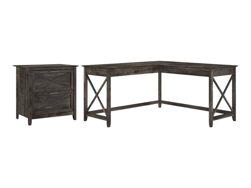 Bush Business Furniture Key West 60W LShaped Corner Desk With 2Drawer Lateral File Cabinet Dark Gray Hickory Standard Delivery
