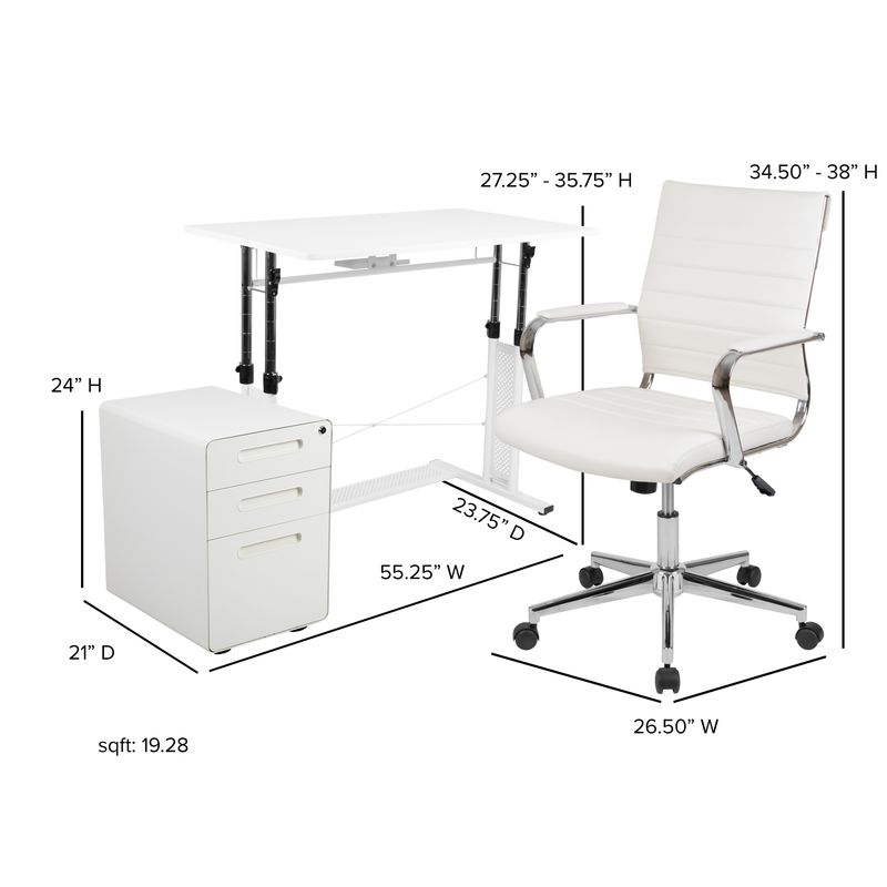 Flash Furniture Work From Home Desk And Chair Set With Adjustable Computer Desk LeatherSoft Office Chair And Locking Mobile Filing Cabinet White