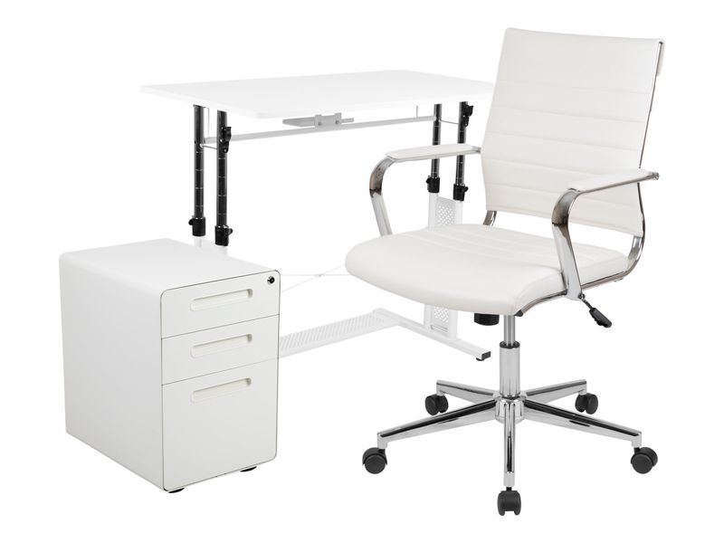 Flash Furniture Work From Home Desk And Chair Set With Adjustable Computer Desk LeatherSoft Office Chair And Locking Mobile Filing Cabinet White