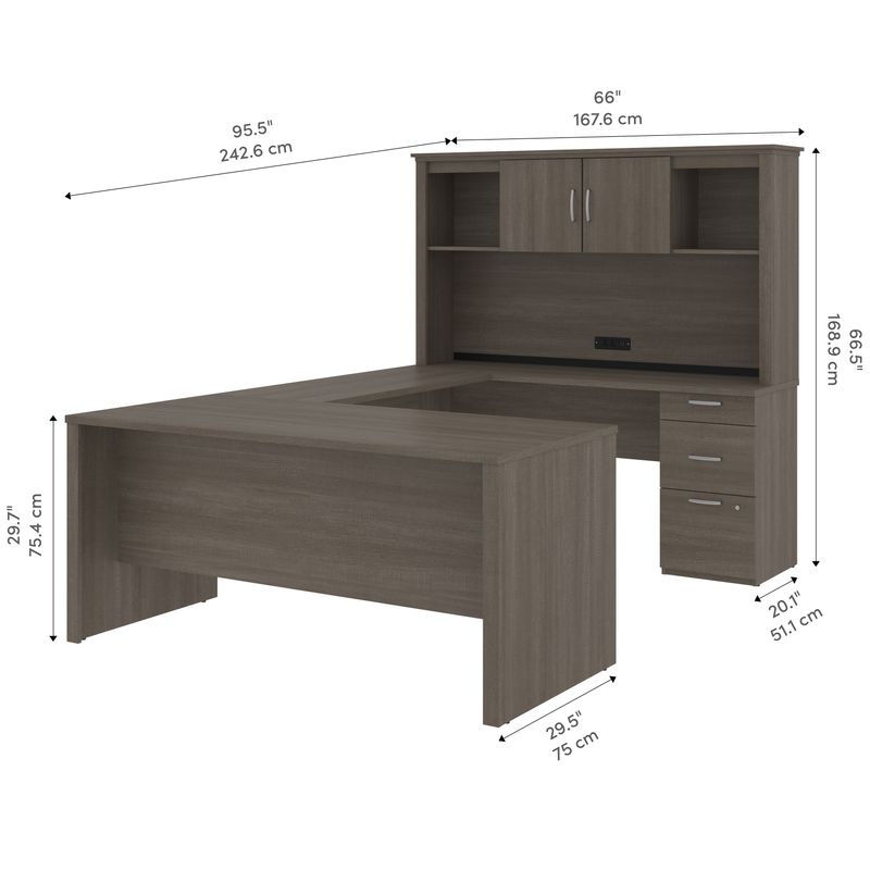 Bestar Logan UShaped Desk With Hutch Lateral File Cabinet And Bookcase Bark Gray