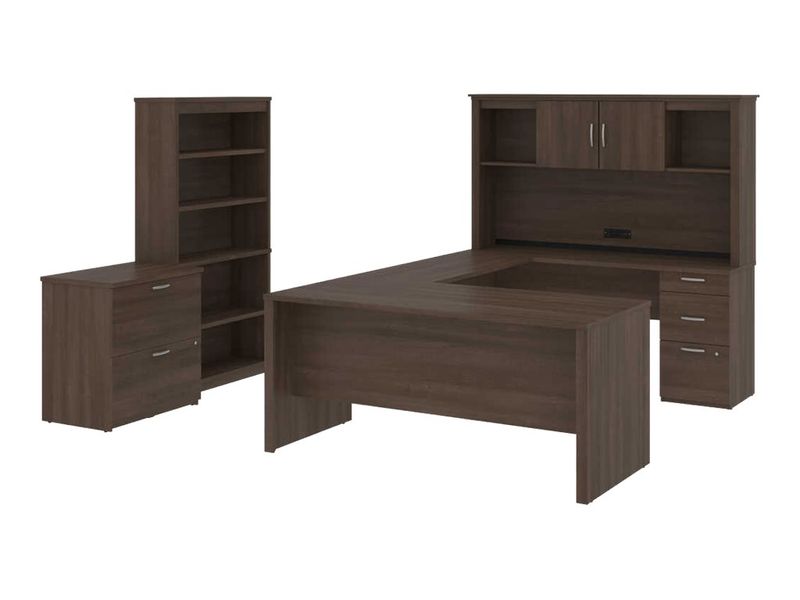 Bestar Logan UShaped Desk With Hutch Lateral File Cabinet And Bookcase Bark Gray