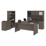 Bestar Logan UShaped Desk With Hutch Lateral File Cabinet And Bookcase Bark Gray