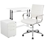 Flash Furniture Work From Home Desk And Chair Set With Adjustable Computer Desk LeatherSoft Office Chair And Locking Mobile Filing Cabinet White