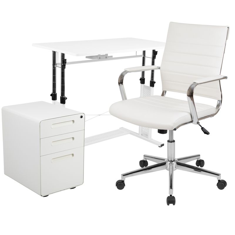 Flash Furniture Work From Home Desk And Chair Set With Adjustable Computer Desk LeatherSoft Office Chair And Locking Mobile Filing Cabinet White
