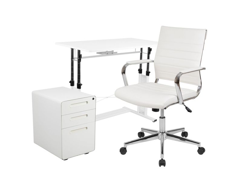 Flash Furniture Work From Home Desk And Chair Set With Adjustable Computer Desk LeatherSoft Office Chair And Locking Mobile Filing Cabinet White