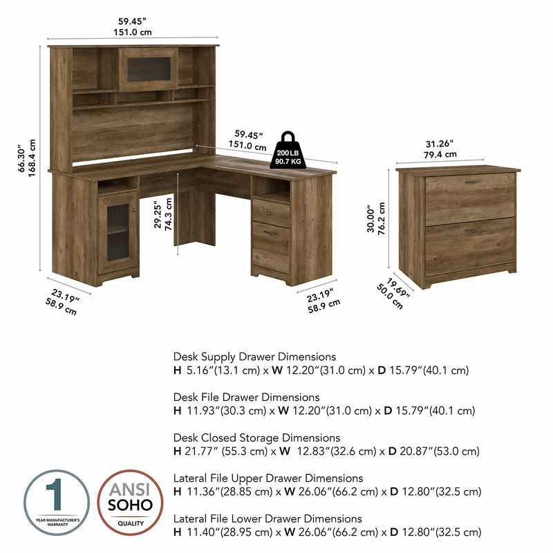 Bush Furniture Cabot 60W LShaped Computer Desk With Hutch And Lateral File Cabinet Reclaimed Pine Standard Delivery