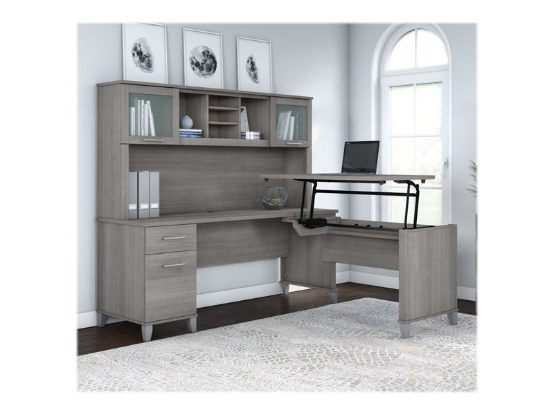 Bush Furniture Somerset 72W 3Position SitToStand LShaped Desk With Hutch Platinum Gray Standard Delivery