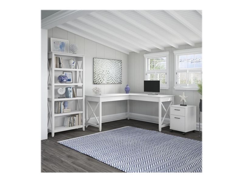 Bush Business Furniture Key West 60W LShaped Corner Desk With Mobile File Cabinet And 5Shelf Bookcase Pure White Oak Standard Delivery