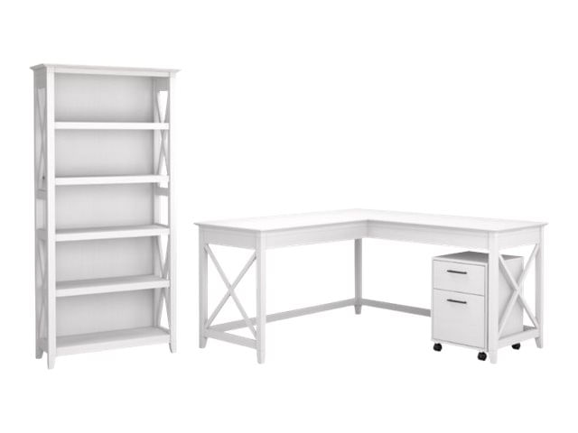 Bush Business Furniture Key West 60W LShaped Corner Desk With Mobile File Cabinet And 5Shelf Bookcase Pure White Oak Standard Delivery