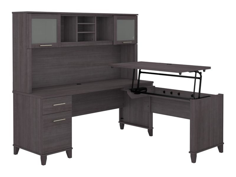 Bush Furniture Somerset 72W 3Position SitToStand LShaped Desk With Hutch Storm Gray Standard Delivery