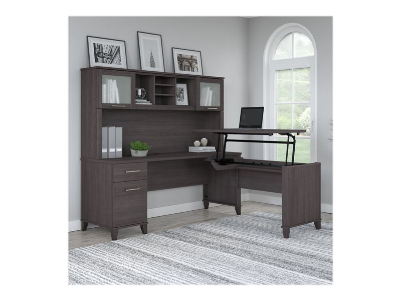 Bush Furniture Somerset 72W 3Position SitToStand LShaped Desk With Hutch Storm Gray Standard Delivery