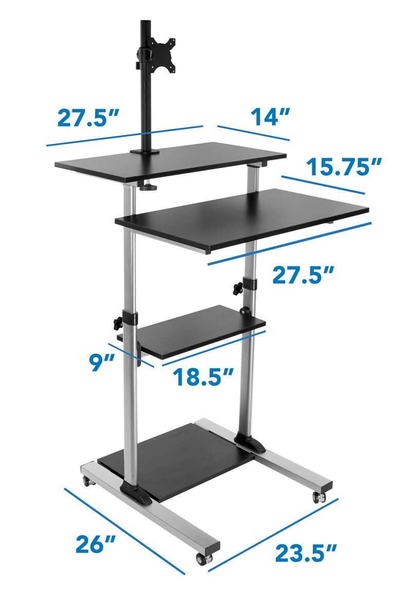 MountIt Rolling Computer Work Station with Monitor Mount 37H x 275W x 26D Silver