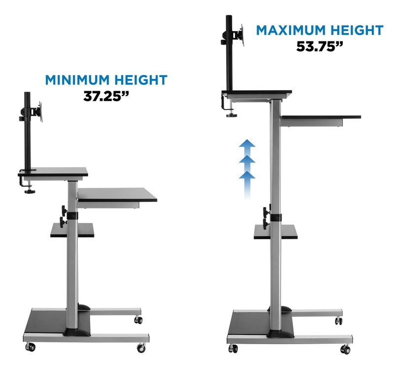 MountIt Rolling Computer Work Station with Monitor Mount 37H x 275W x 26D Silver