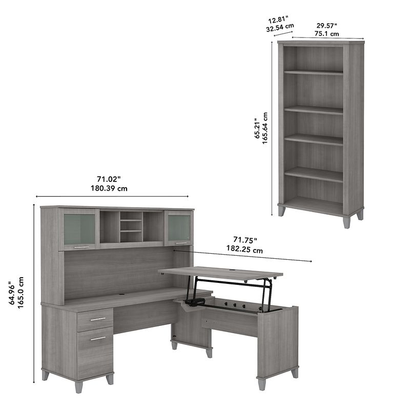 Bush Furniture Somerset 72W 3Position SitToStand LShaped Desk With Hutch And Bookcase Platinum Gray Standard Delivery
