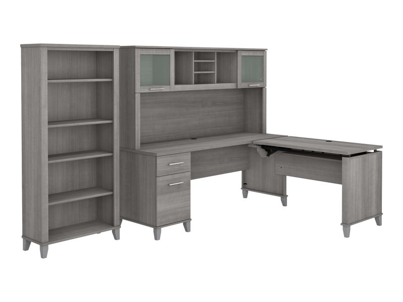 Bush Furniture Somerset 72W 3Position SitToStand LShaped Desk With Hutch And Bookcase Platinum Gray Standard Delivery