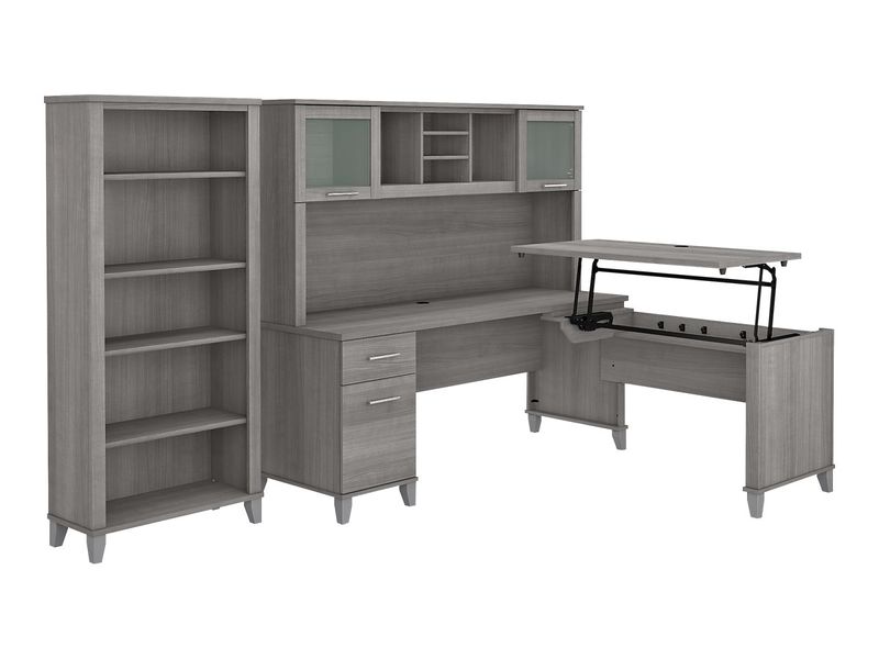 Bush Furniture Somerset 72W 3Position SitToStand LShaped Desk With Hutch And Bookcase Platinum Gray Standard Delivery