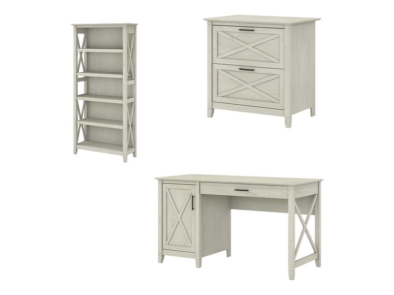 Bush Furniture Key West 54W Computer Desk With 2Drawer Lateral File Cabinet And 5Shelf Bookcase Linen White Oak Standard Delivery