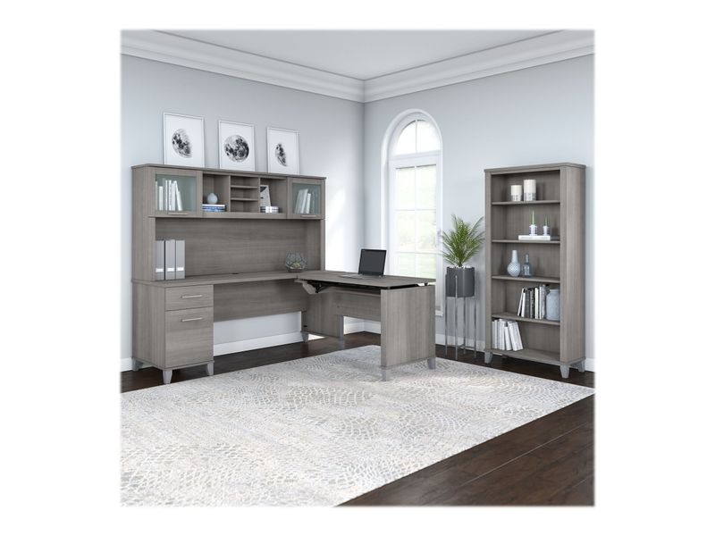 Bush Furniture Somerset 72W 3Position SitToStand LShaped Desk With Hutch And Bookcase Platinum Gray Standard Delivery