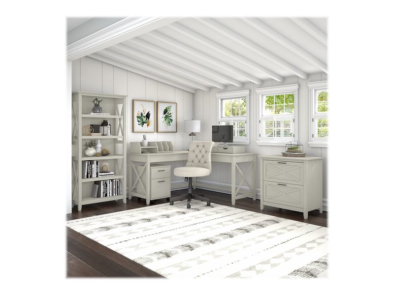 Bush Furniture Key West 54W Computer Desk With 2Drawer Lateral File Cabinet And 5Shelf Bookcase Linen White Oak Standard Delivery