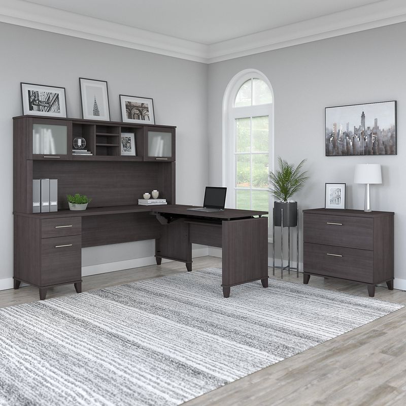 Bush Furniture Somerset 72W 3Position SitToStand LShaped Desk With Hutch And File Cabinet Storm Gray Standard Delivery