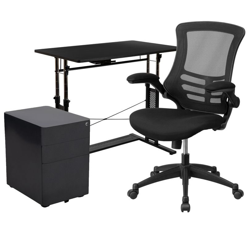 Flash Furniture Work From Home DeskChair Set With Adjustable Computer Desk Ergonomic Mesh ChairMobile Filing Cabinet Black BLNNAN21CPX5LBK