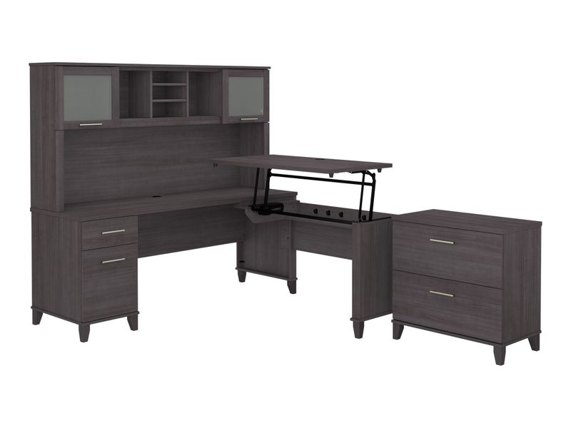 Bush Furniture Somerset 72W 3Position SitToStand LShaped Desk With Hutch And File Cabinet Storm Gray Standard Delivery