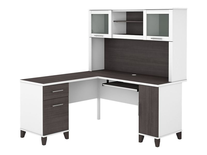 Bush Business Furniture Somerset 60W LShaped Corner Desk With Hutch Storm GrayWhite Standard Delivery