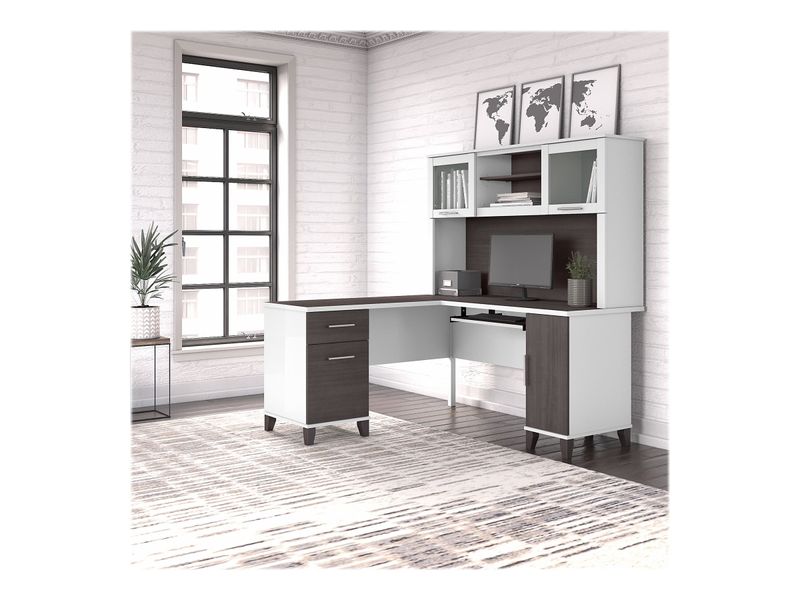 Bush Business Furniture Somerset 60W LShaped Corner Desk With Hutch Storm GrayWhite Standard Delivery
