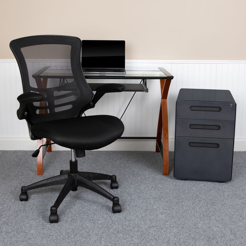 Flash Furniture Work From Home Desk And Chair Set With Glass Desk Ergonomic Mesh Office Chair And Filing Cabinet Black BLNNAN28APX5BK