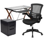 Flash Furniture Work From Home Desk And Chair Set With Glass Desk Ergonomic Mesh Office Chair And Filing Cabinet Black BLNNAN28APX5BK