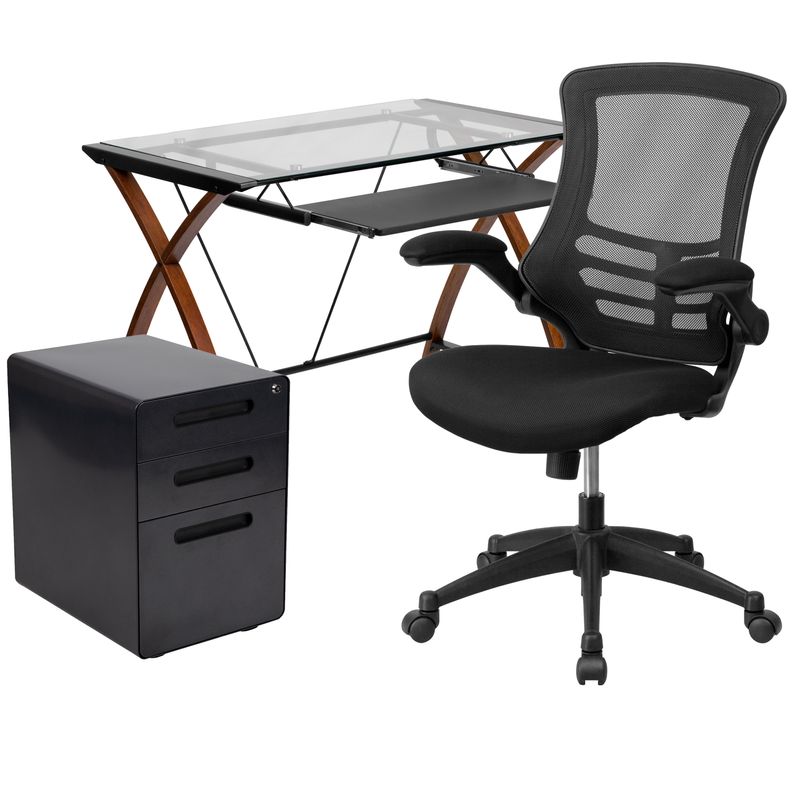 Flash Furniture Work From Home Desk And Chair Set With Glass Desk Ergonomic Mesh Office Chair And Filing Cabinet Black BLNNAN28APX5BK