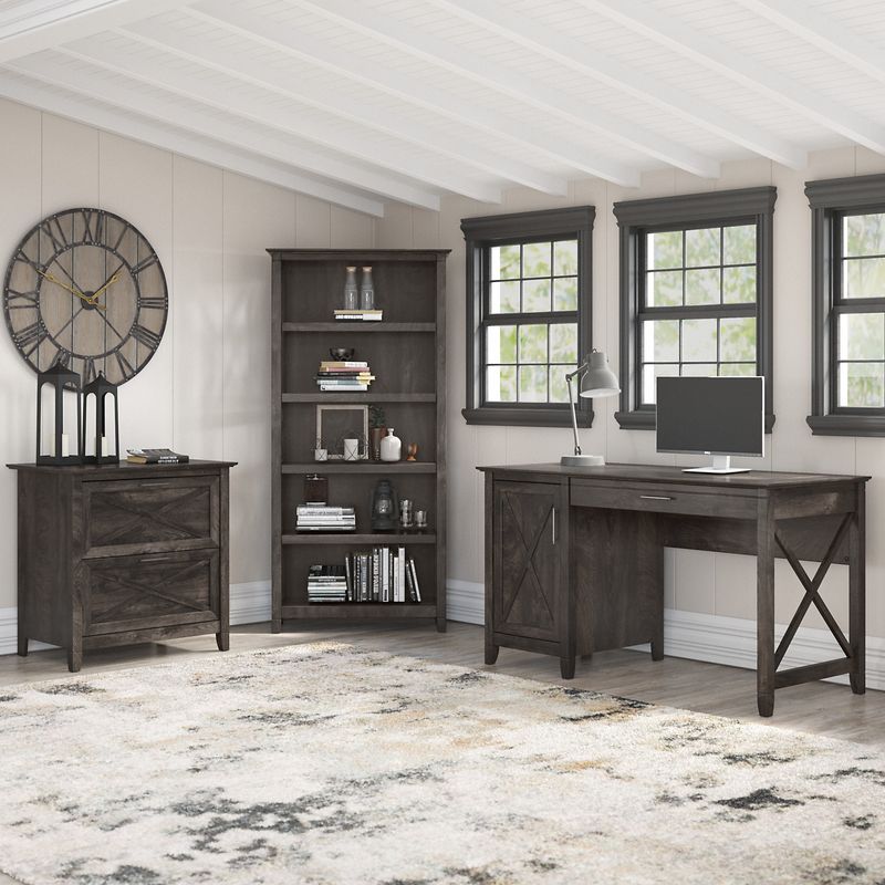 Bush Furniture Key West 54W Computer Desk With 2Drawer Lateral File Cabinet And 5Shelf Bookcase Dark Gray Hickory Standard Delivery