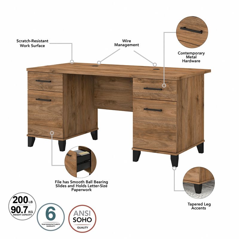 Bush Business Furniture Somerset 60W Office Computer Desk With Lateral File Cabinet And 5Shelf Bookcase Fresh Walnut Standard Delivery