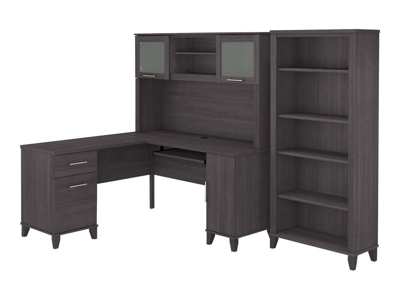 Bush Business Furniture Somerset 60W LShaped Corner Desk With Hutch And 5Shelf Bookcase Storm Gray Standard Delivery